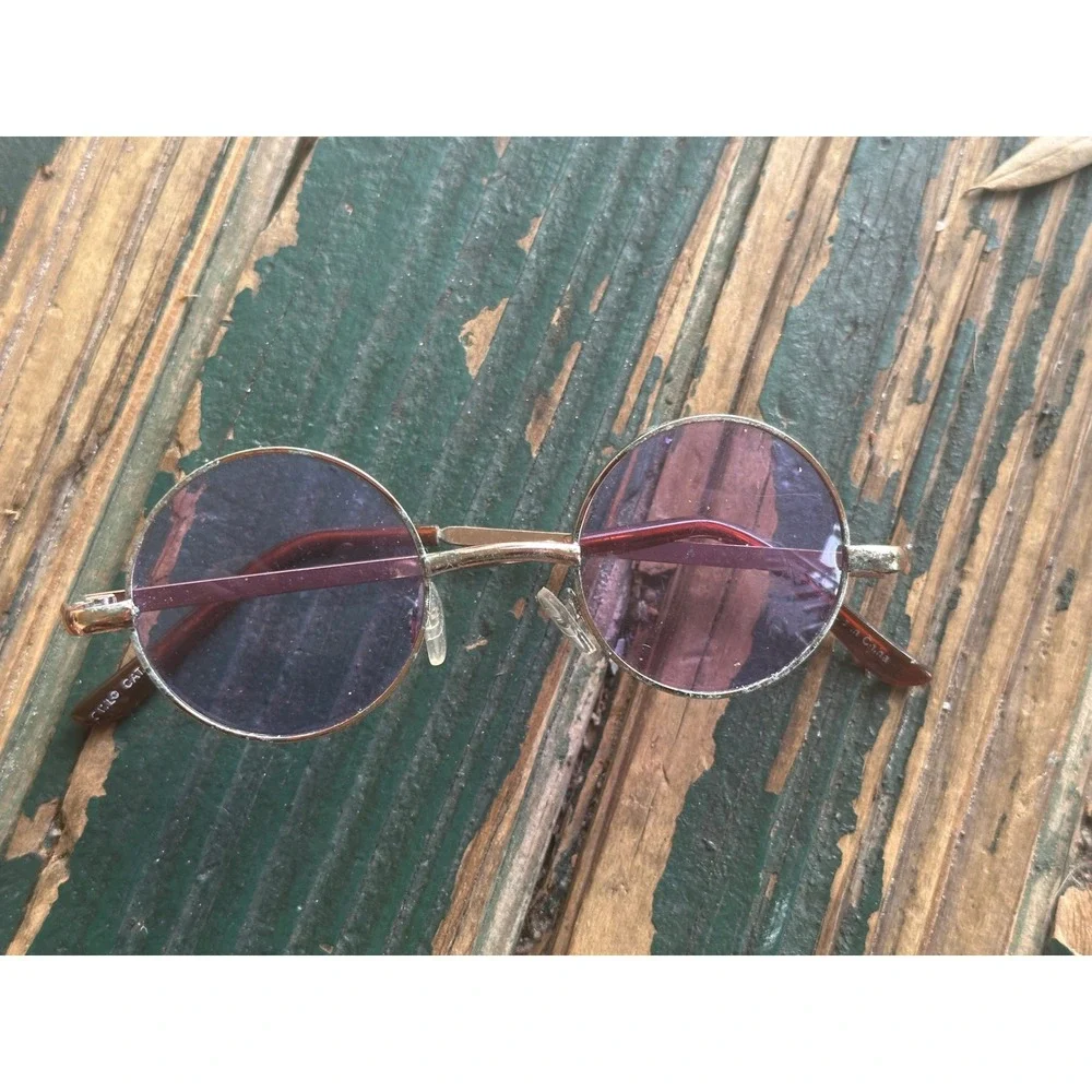 Vintage Round Purple Tinted Sunglasses Gold Metal Frame Retro Circular Shades